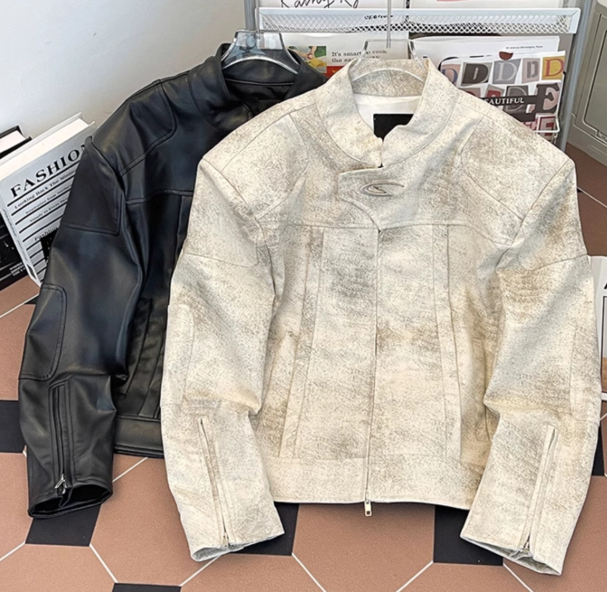 Giacca da motociclista decostruita – Cappotto unisex in similpelle all'avanguardia con spalline e cerniere in metallo (M-2XL, nero/bianco, vestibilità retrò oversize)_voghion.com