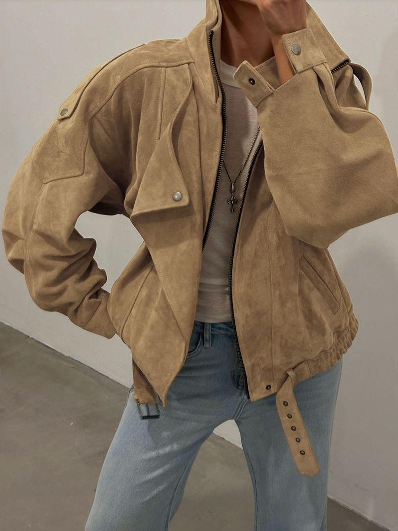 Women's Suede Fleece Jacket - Soft Matte Finish, Stylish Loose Fit, Mid-Length Coat With Stand Collar & Pockets (Khaki, S/M/L)_voghion.com
