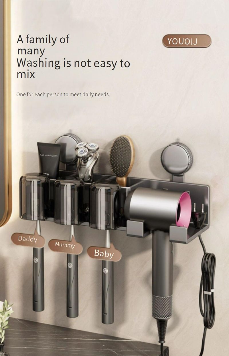 Suction Cup Toothbrush Holder With Cups & Hair Dryer Stand - No Drill Wall Mount Bathroom Organizer For Family Of 4, 3 Or Couples_voghion.com