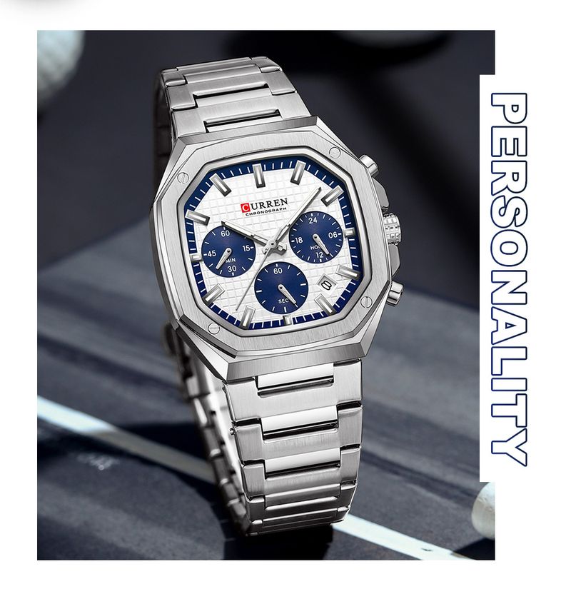 CURREN Orologio cronografo da uomo in acciaio inossidabile con quadrante quadrato e data, design di ispirazione vintage, al quarzo_voghion.com