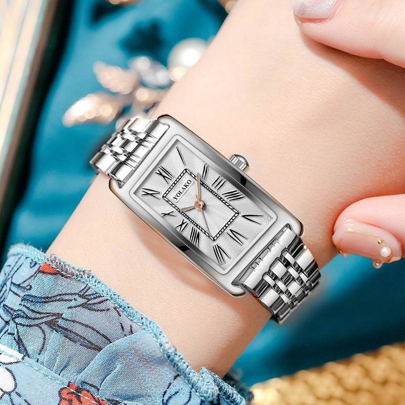 Mados tiesioginės transliacijos išpardavimas, plieninis dirželis, romėniško masto madingas laikrodis, kvadratinis moteriškas kvarcinis laikrodis_voghion.com