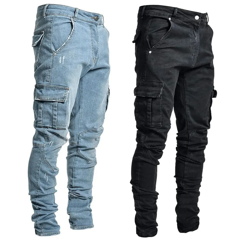 Straße Elastische Jeans Männer Denim Cargo Hosen Waschen Einfarbig Multi Taschen Casual Mittlere Taille Hose Slim Fit Täglichen Tragen Jogger_voghion.com
