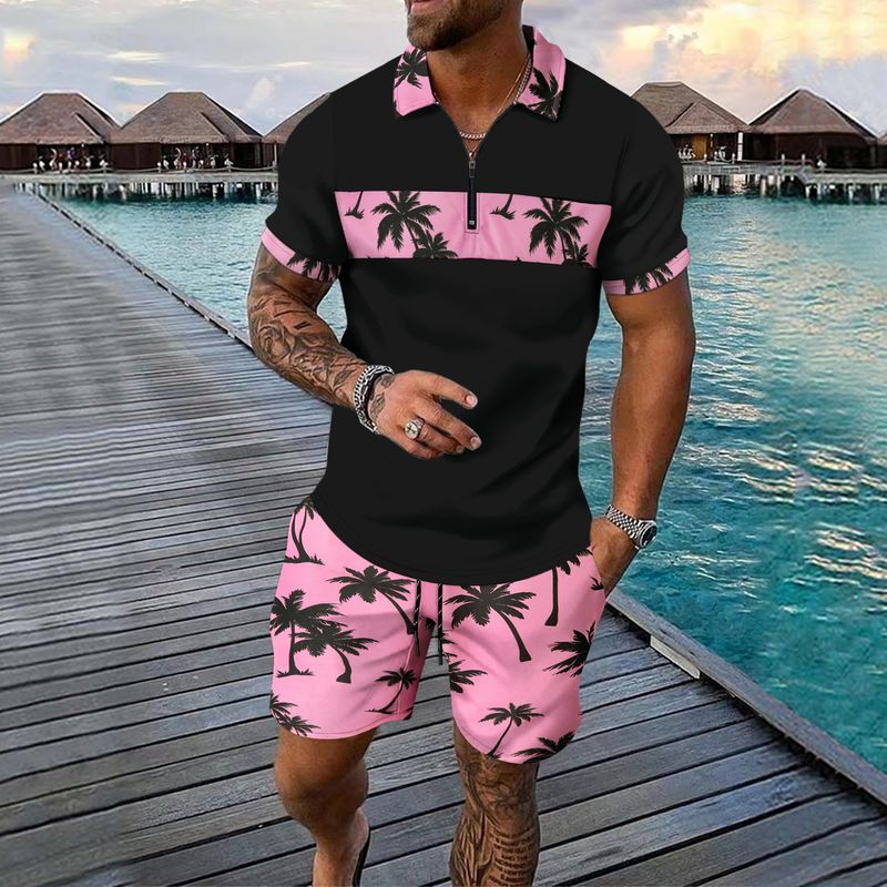 2-piece Men's Summer Holiday Style Outfit Set Short Sleeve Zip Golf Shirt & Waist Drawstring Shorts With Pockets Beach Resorts_voghion.com