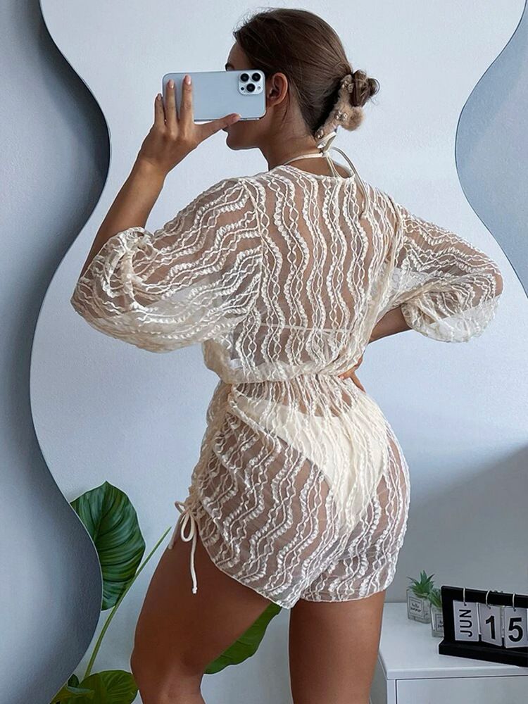 Costume da bagno intero da donna in rete con vita alta, stampa con coulisse, bikini in tre pezzi_voghion.com