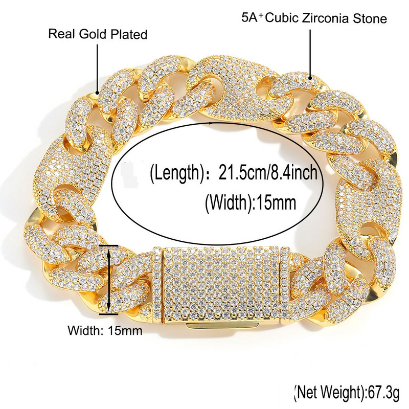 Unisex Hip Hop Zircon Bracelet 15mm Three To One Pig Nose Bubble Cuban Chain Trendy Men's Accessories_voghion.com