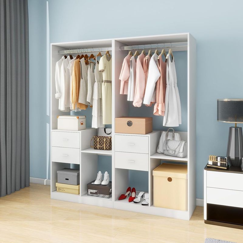 Wooden Closet System With 4 Drawers Storage Cabinet 2 Hanging Rails And Shelves Clothes Built-in Garment Rack Walk-in Closet Organizer For Bedroom White 63"W X 15.7"D X 70.8"H -- 2 Packages_voghion.com