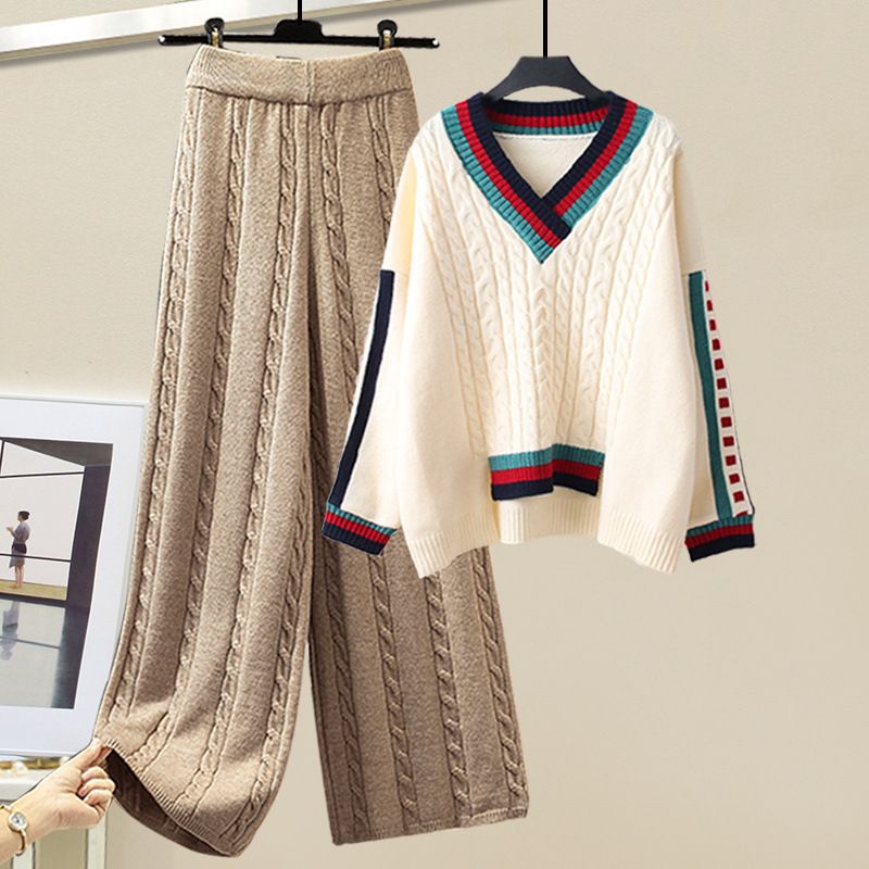 Women's Clothing Large Size Women's Winter Suits For Women New Lazy Style Loose Sweaters Slim And Versatile Wide Leg Pants Two Piece Suit_voghion.com