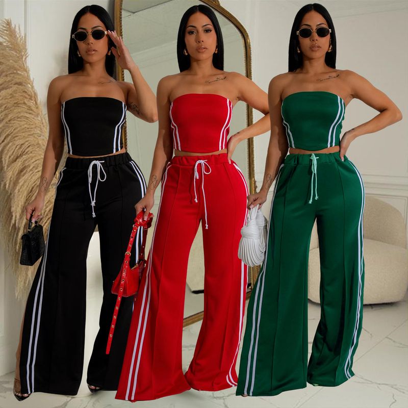 Women's Clothing New Fashion Slim Solid Color Tube Top Wide Leg Pants Suit Two Piece Set Delivery_voghion.com