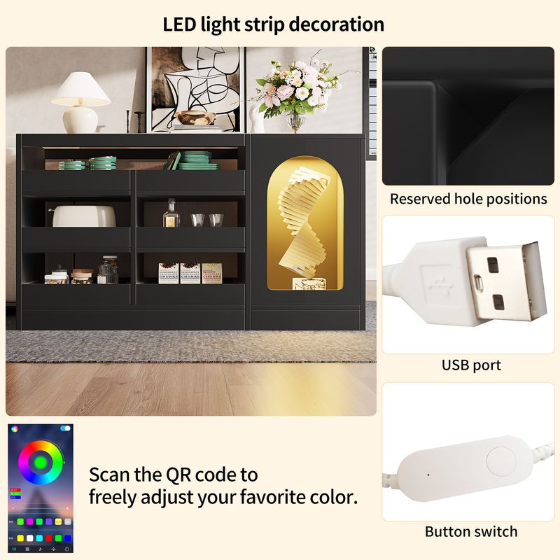 Kommode Schwarz Mit 6 Schubladen, LED-Licht, Hohlschranktür_voghion.com