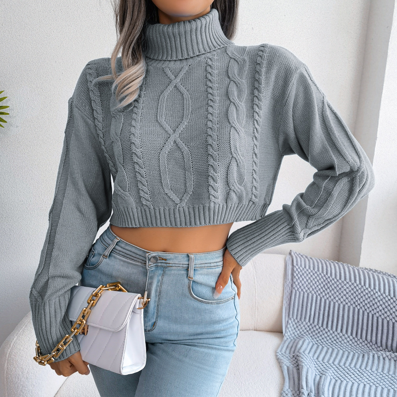 Maglione da donna a maniche lunghe a collo alto corto in tinta unita lavorato a maglia a coste, casual, morbido e ampio_voghion.com