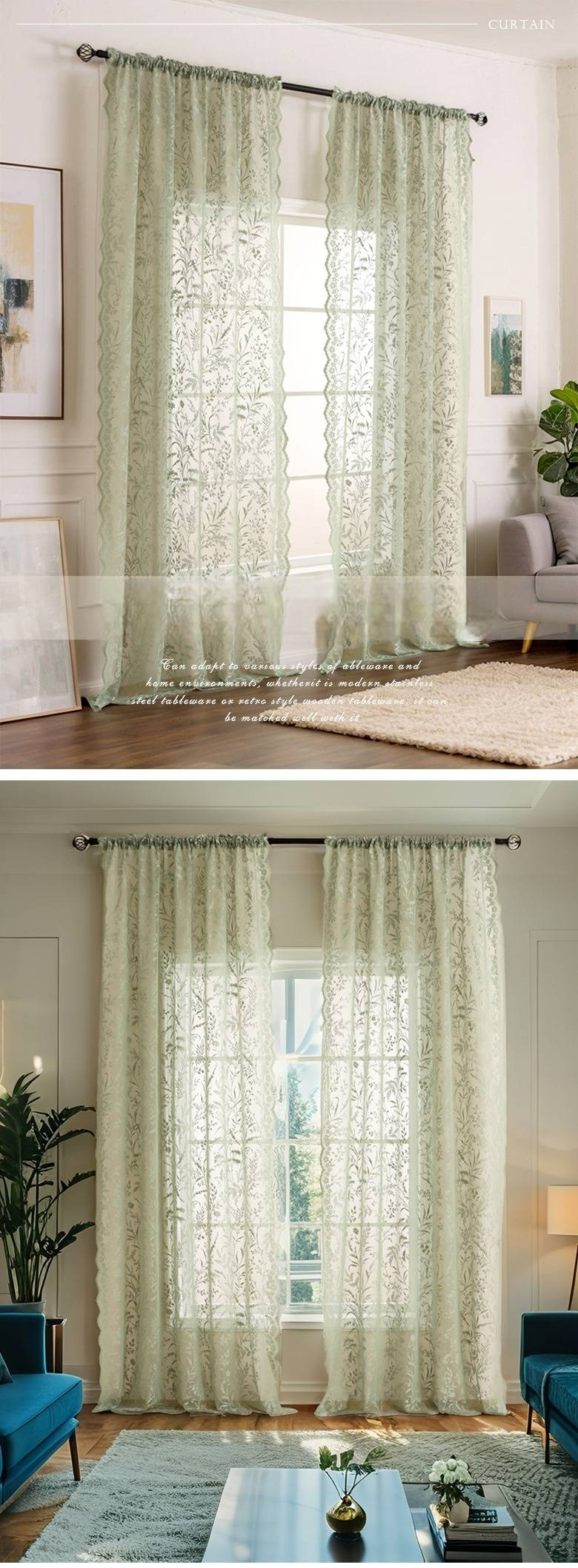 Farmhouse Matcha Green Sheer Curtains - Light Filtering Privacy Voile For Living Room & Bedroom (Ready-Made, Semi-Sheer, Creamy Color, W52xL96 Inches)_voghion.com