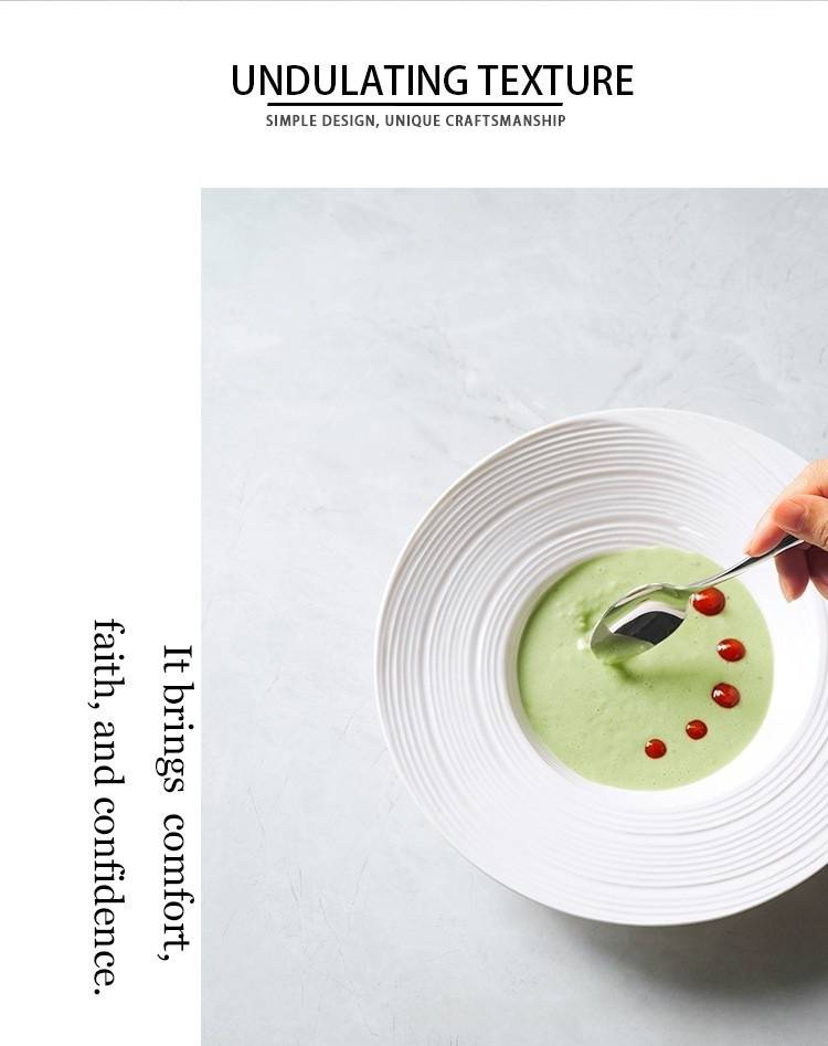 Modern Minimalist Ceramic Soup Plate - 10.5" White Textured Pasta Bowl With Artistic Line Design For Restaurant & Home Dining_voghion.com
