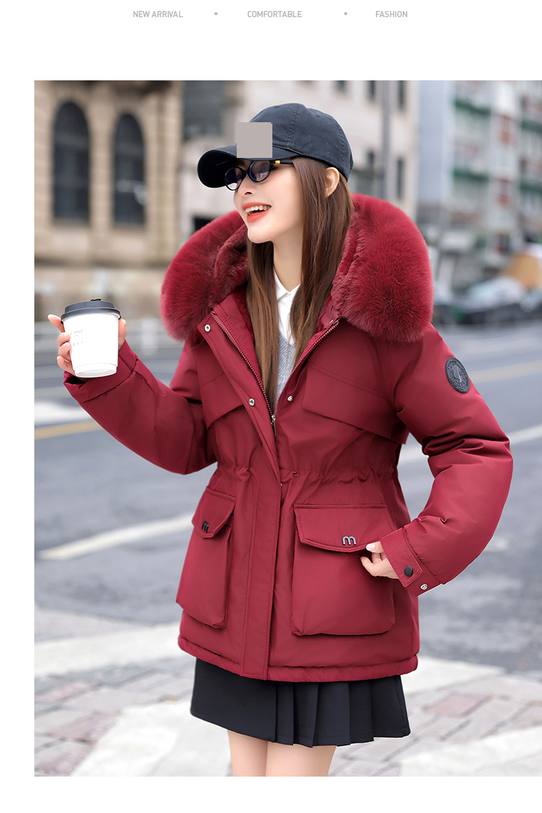 Damen Steppjacke mit Kunstfellkapuze, Hüftgurt, großen Taschen - Wintermantel für Damen, kurze Pufferjacke, warme Oberbekleidung_voghion.com