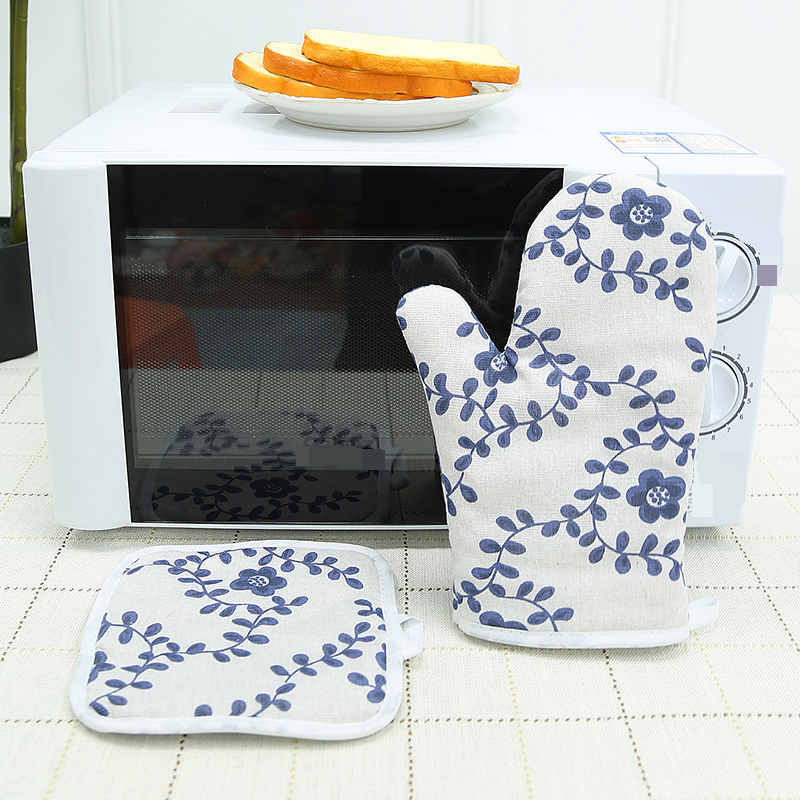 Bohemian Style Microwave Oven Mitts Set - Heat Resistant Cotton Linen Gloves For Baking & Cooking (26cm Length, Geometric Pattern, Yellow)_voghion.com