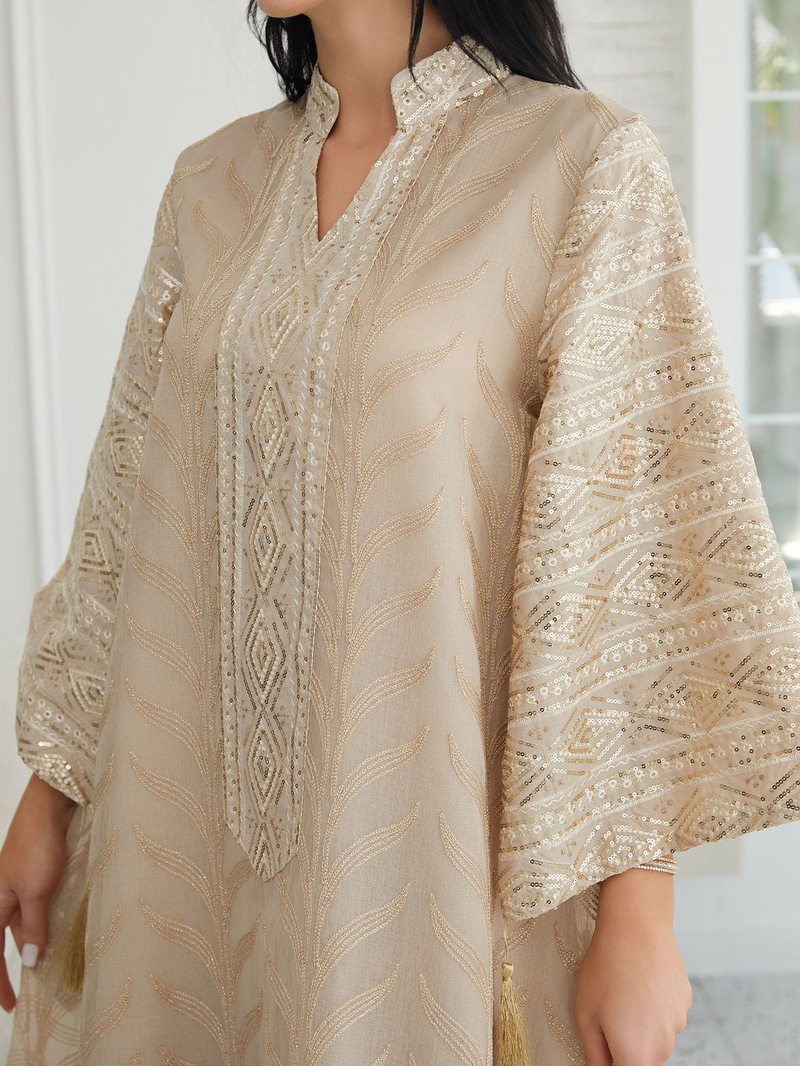 Elegantes nahöstliches muslimisches Abaya-Kleid mit bestickten Perlen und Spitzenbesatz – schlichtes langärmeliges Maxikleid für Frauen_voghion.com