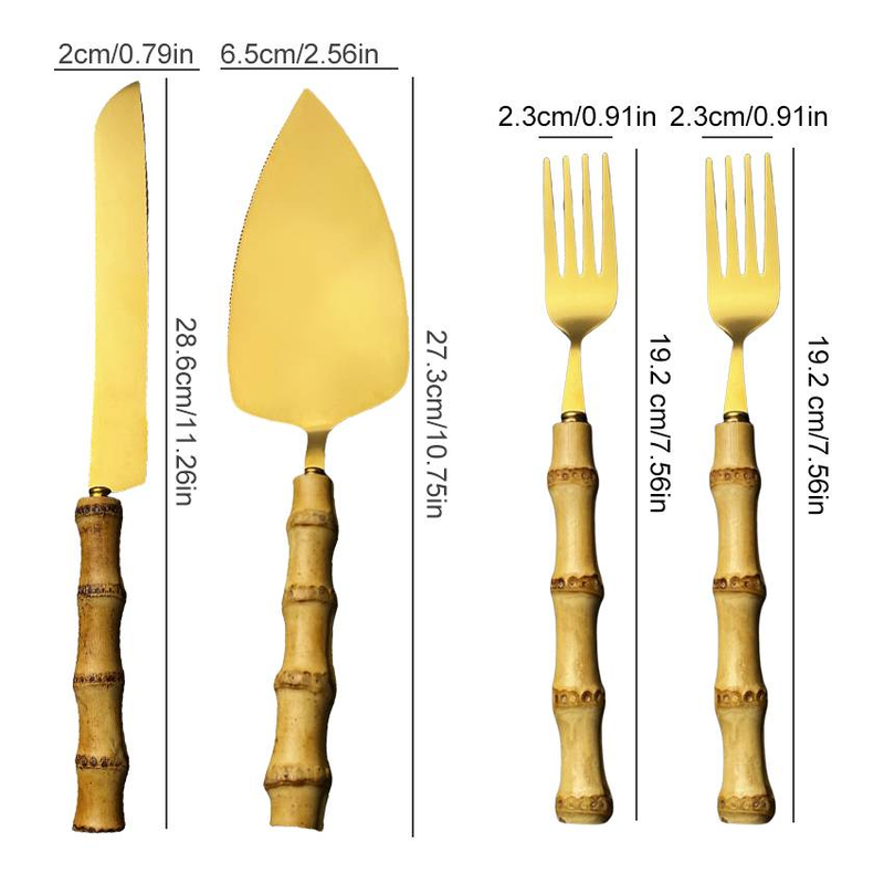 Couverts en bambou naturel, ensemble de 4 pièces, en acier inoxydable 18/10 de qualité alimentaire, couverts en argenterie, ensemble de découpe pour gâteau de mariage, pelle, couteau, fourchette_voghion.com