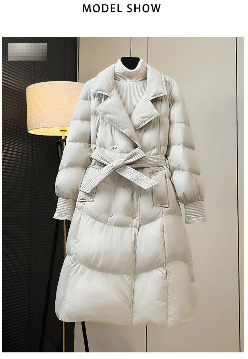Elegant Women's Trench Coat Down Jacket With Slim Fit, Double Breasted, Waist Belt & Long Length For Winter Fashion_voghion.com