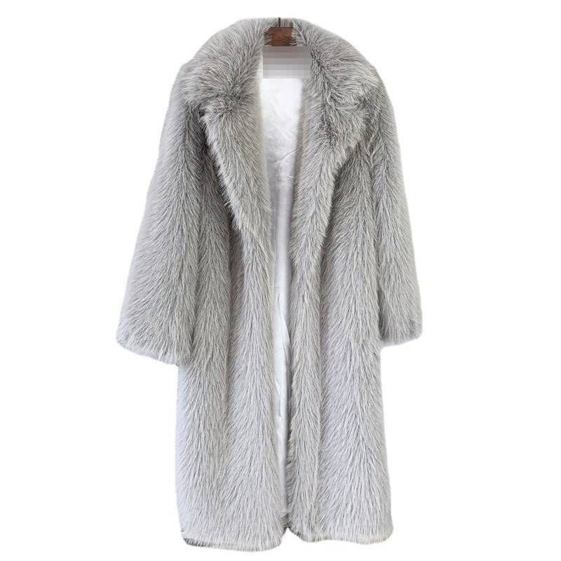 Elegant Longline Faux Fur Coat For Women - Winter Warm Trench Coat With Notched Lapel, Luxurious Soft Faux Fur Outerwear_voghion.com