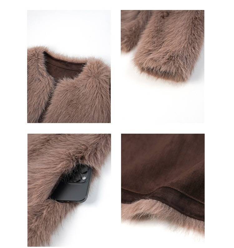 Women's Faux Fur Short Coat Winter 2024 Fashionable Mink-Like Jacket With Leather Trim, Round Neck, Long Sleeve, Elegant And Cozy (Camel/Pink, S/M)_voghion.com