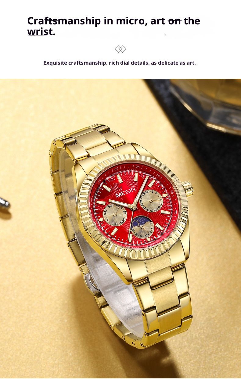 MEGIR Luxury Moon Phase Quartz Watch For Men & Women - 42mm Stainless Steel Case, Water Resistant, Elegant Business Chronograph With Luminous Hands_voghion.com