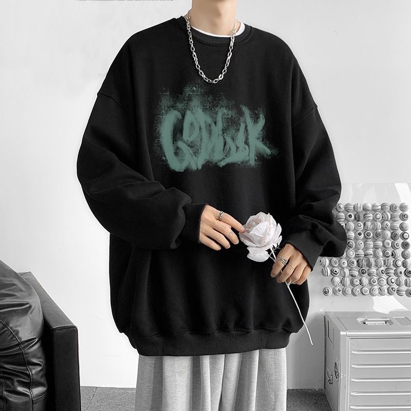 Felpa girocollo primaverile e autunnale da uomo, maglietta con spalle scese stampate, giacca ampia senza cappuccio, coppia alla moda_voghion.com