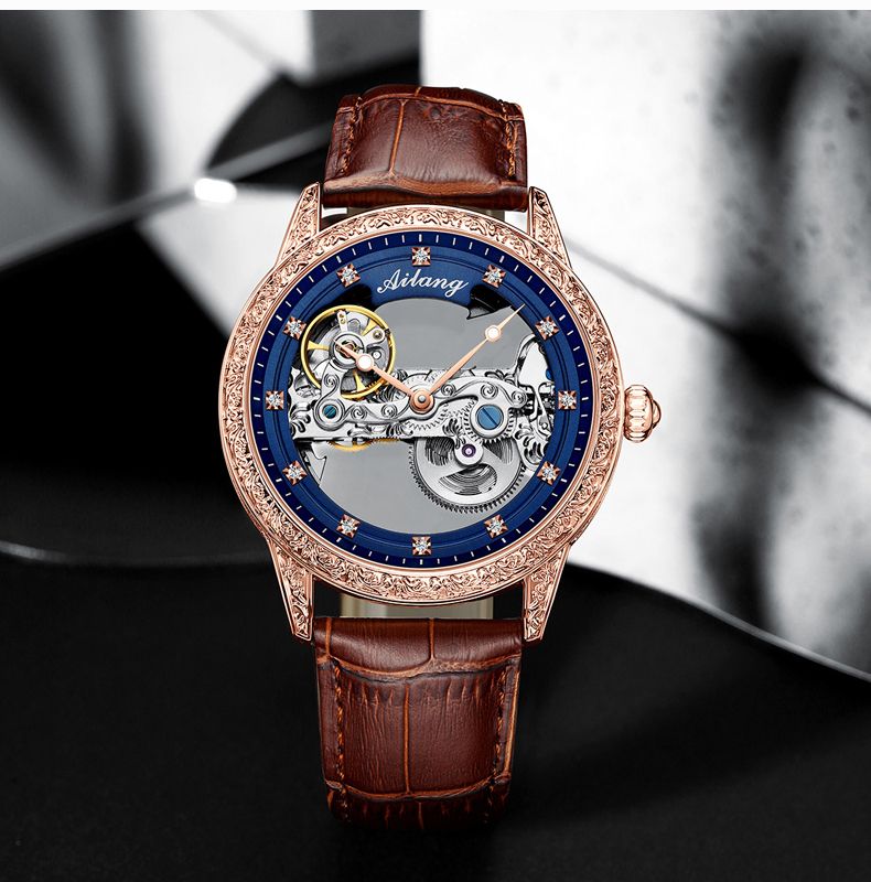 AILANG Orologio meccanico scheletrato da uomo con cinturino in pelle, impermeabile, trasparente, di lusso, automatico, tourbillon, orologi da uomo_voghion.com