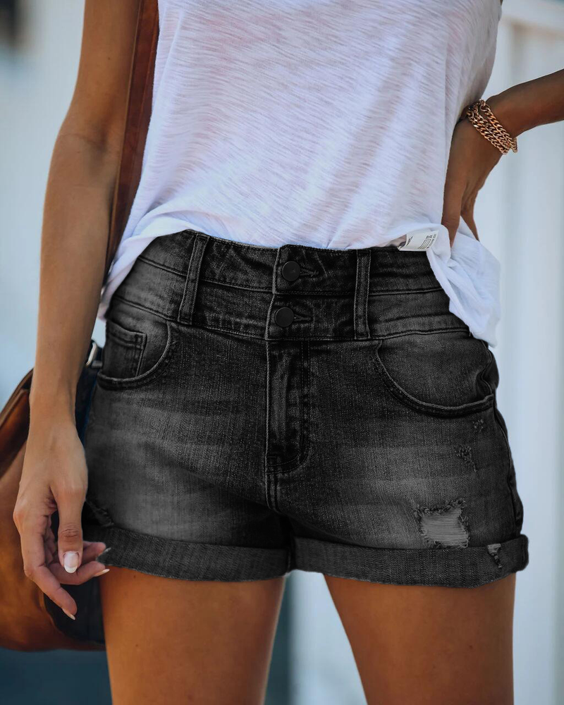Pantaloncini in denim a vita alta da donna in stile europeo, elastici, alla moda, estivi, snellenti, con design a fori_voghion.com