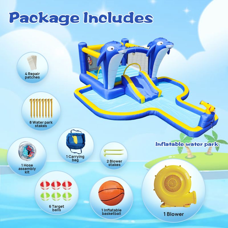 8 In1 Inflatable Slide Water Park Trampoline Bouncing House Outdoor Garden With Dolphin Sprinkler & Target Games & Water Gun & Basketball_voghion.com