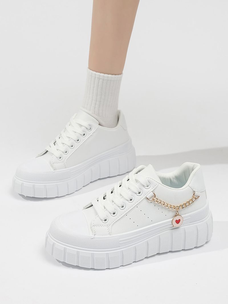 Chaussures pour femmes, nouvelles chaussures pour femmes de grande taille, semelle épaisse, chaussures de sport décontractées, chaussures plates blanches avec chaîne en métal pour femmes_voghion.com