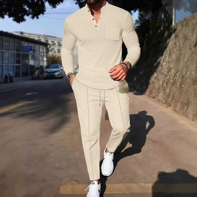 Herren-Set aus Waffelstrick-Poloshirt und -Hose – einfarbiges, lässiges Outfit mit Stehkragen und langen Ärmeln | leichter Komfort für den Alltag_voghion.com