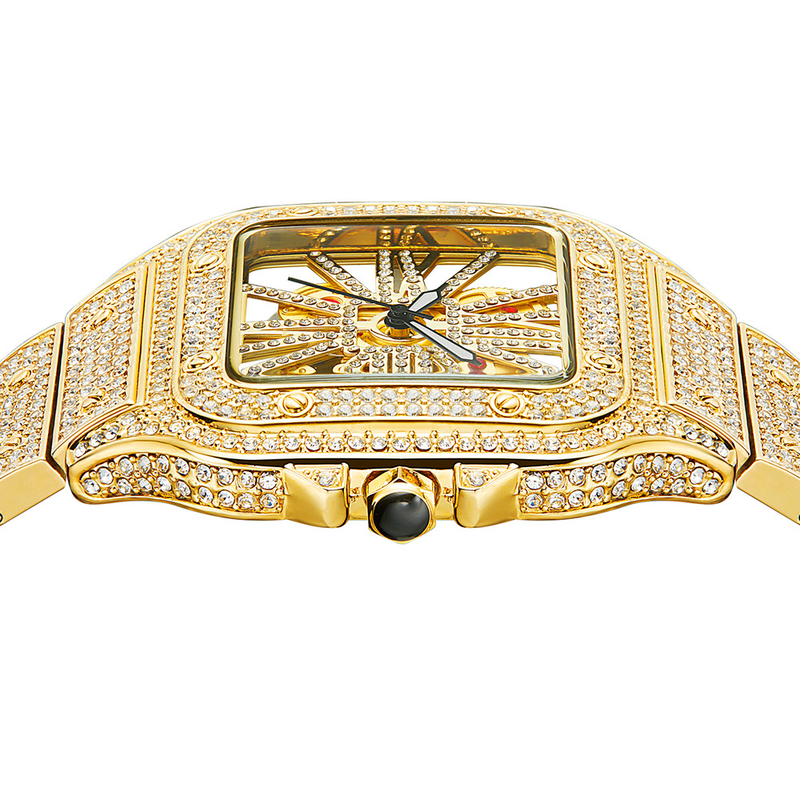 Orologio da uomo elegante con quadrante scheletrato quadrato e dettagli in diamanti, design ispirato all'hip-hop, movimento al quarzo impermeabile, cassa in acciaio inossidabile color oro/argento_voghion.com