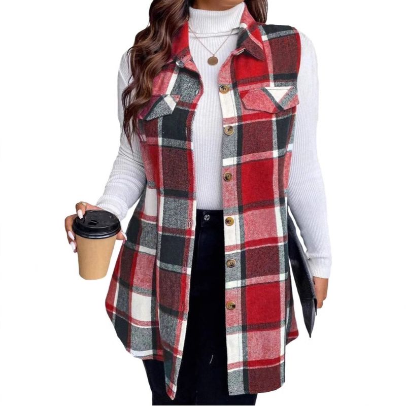 Verve Autumn Winter New Women's Fashion Plaid Sleeveless Turn-down Collar Side Pocket Shirt Vest_voghion.com