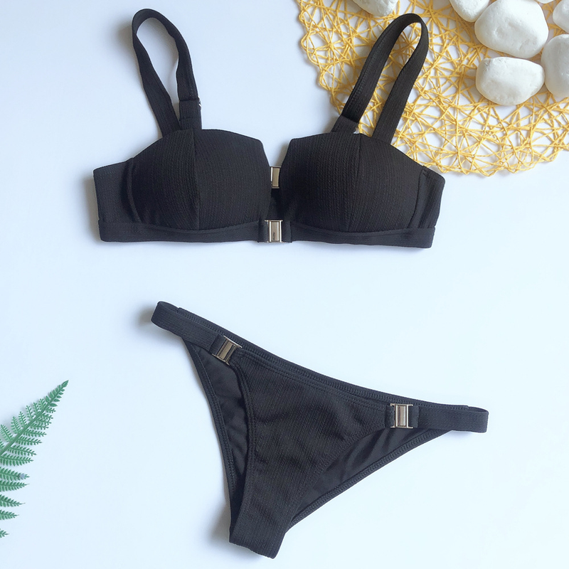 solid color bikini split women's swimsuit metal buckle swimsuit push-up foreign trade bikini_voghion.com