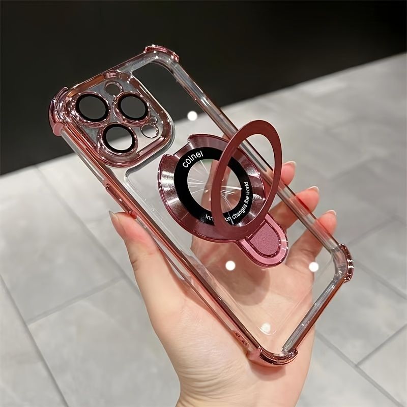 Electroplating Clear Kickstand Case for iPhone 13 12 Pro Max 14 15 Plus with Magnetic Bracket Holder Mobile Phone Shell_voghion.com