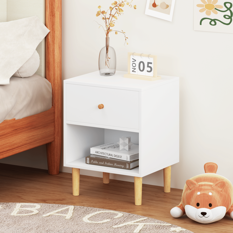 23.22"H Wooden Nightstand With One Drawer One Shelf For Kids, Adults, White_voghion.com
