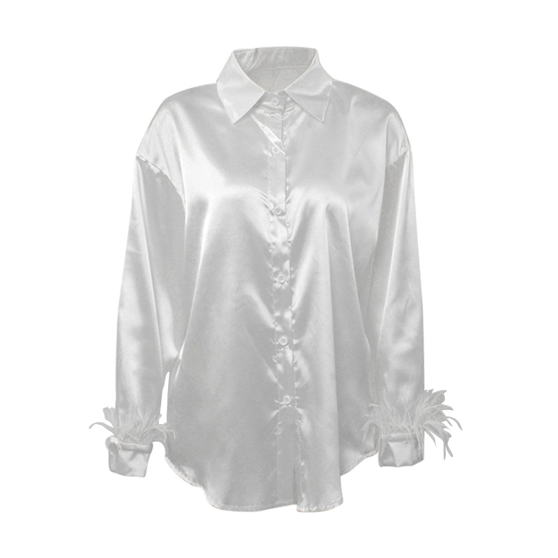 Abbigliamento da donna estate nuova moda casual versatile camicia in capelli di struzzo con cuciture in piume di seta ghiaccio per donna_voghion.com