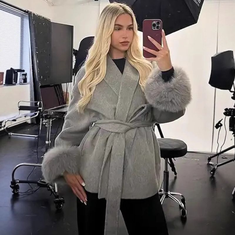 Women's Clothing Autumn And Winter Woolen Coat Short Coat Women's Cuffs Fur V Neck Lace Up Solid Color_voghion.com