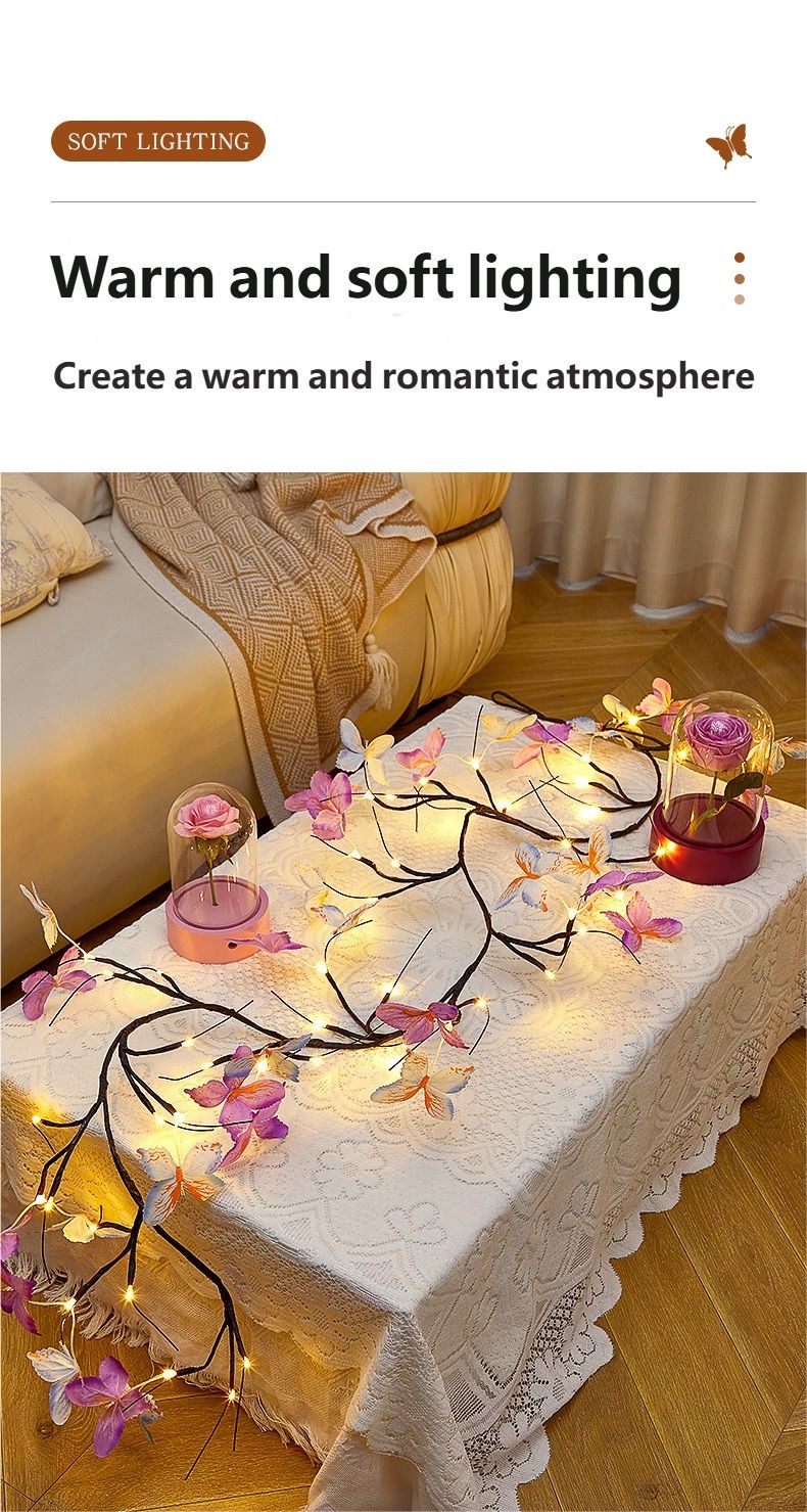 Luce LED flessibile a forma di rattan, farfalla, fiore, foglia, decorazione d'interni, decorazione da parete, luce d'atmosfera romantica_voghion.com