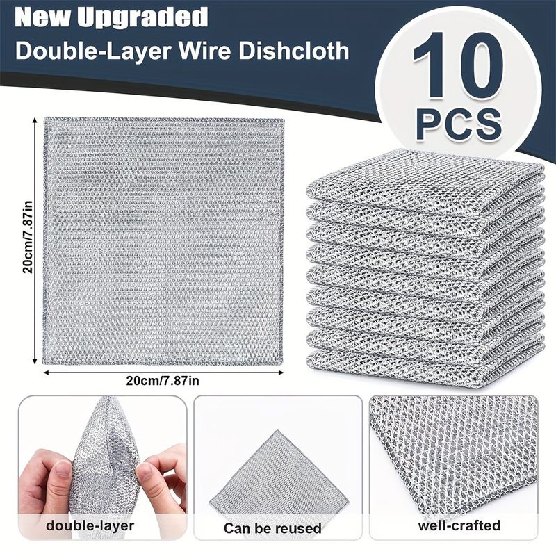 20-5pcs Thickened Steel Wire Cleaning Cloth Non-Scratch Double-layer Iron Microfiber Mesh Dishrag Washing Pot Rags Kitchen Towel_voghion.com