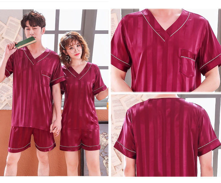 Pár Loungewear Ženy Léto Hedvábí tenký Krátký rukáv Korejský Jacquard Pruhované Ledové Hedvábné Domácí oblečení Pánská dvoudílná sada_voghion.com