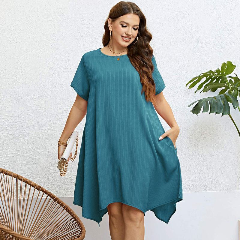 Women's simple solid color pullover round neck dress loose large size irregular medium length skirt_voghion.com
