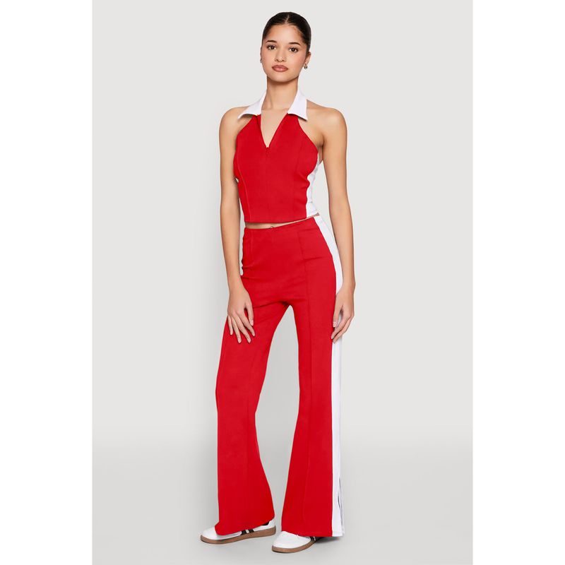 Ensemble deux pièces pour femme, mode, coutures contrastées, col en V, fermeture éclair, sans manches, pantalon fendu_voghion.com