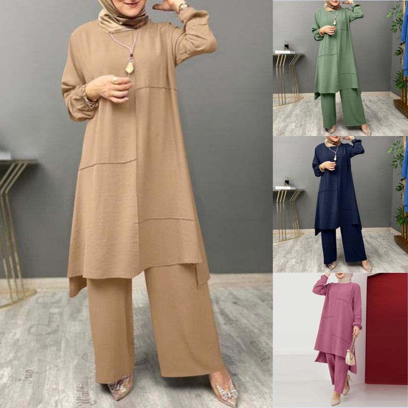 Damenbekleidung Sportbekleidung Elegantes Puffärmel-Rundhalshemd Lockerer modischer Hosenanzug mit weitem Bein_voghion.com
