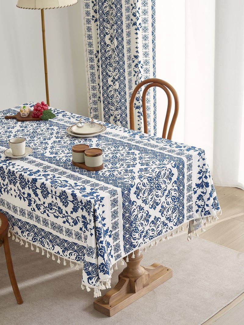 Tovaglia in porcellana blu e bianca – 59% cotone e 41% poliestere, antiscivolo e resistente al calore (rettangolare, 150x100 cm/150x300 cm)_voghion.com