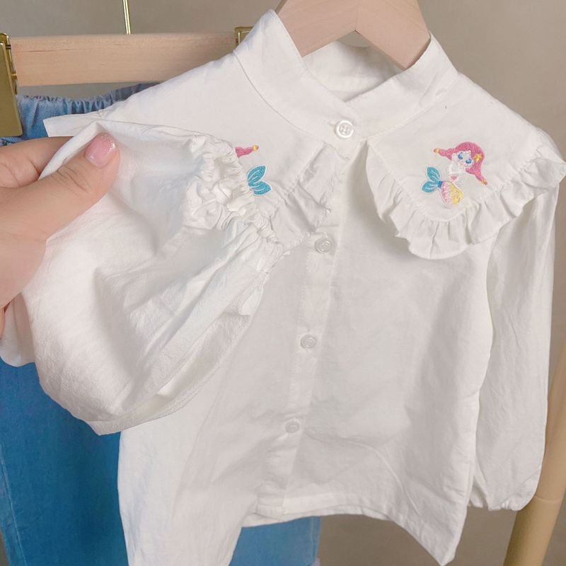 Abbigliamento per bambini, graziosa camicia con colletto ricamato per ragazze e abito a due pezzi in jeans_voghion.com