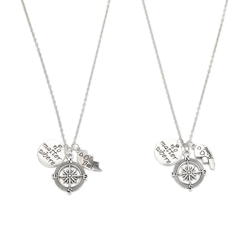 Combination Personalized Compass Heart Splicing English Engraving Mom And Daughter Two Piece Set Necklace_voghion.com