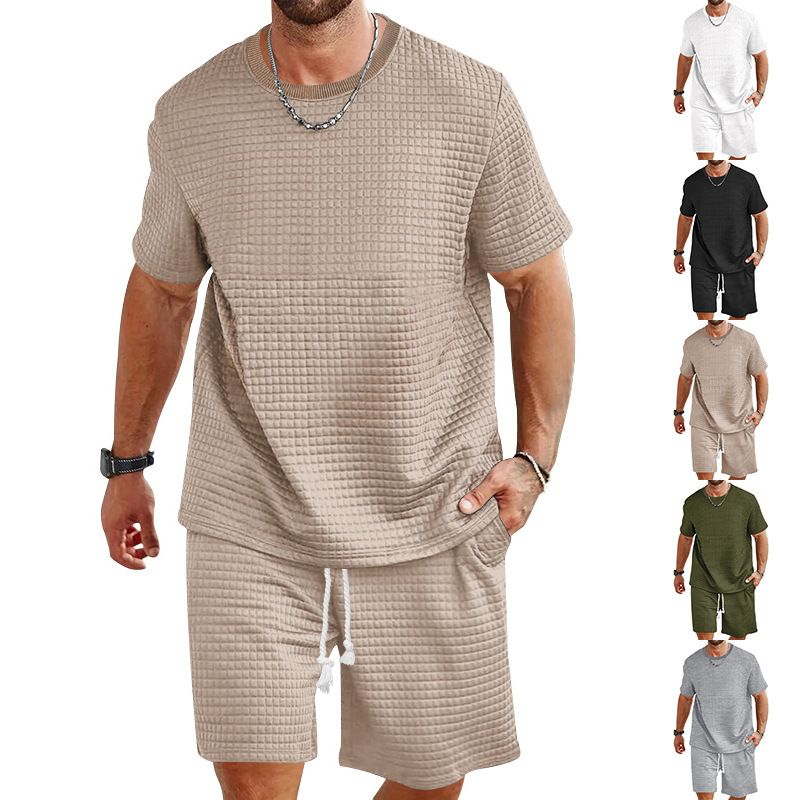 Ensemble 2 pièces pour homme, t-shirt et short à col rond, couleur unie, décontracté et sportif, à la mode, pour l'été_voghion.com