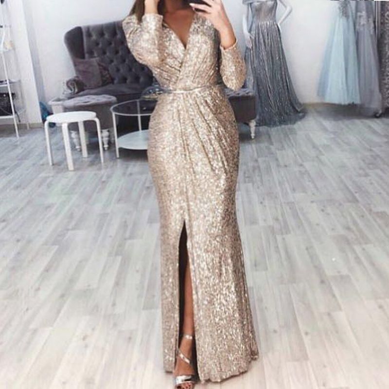 Saia longa feminina vestido de noite profundo decote em v vestido brilhante vestido sexy para jantar_voghion.com