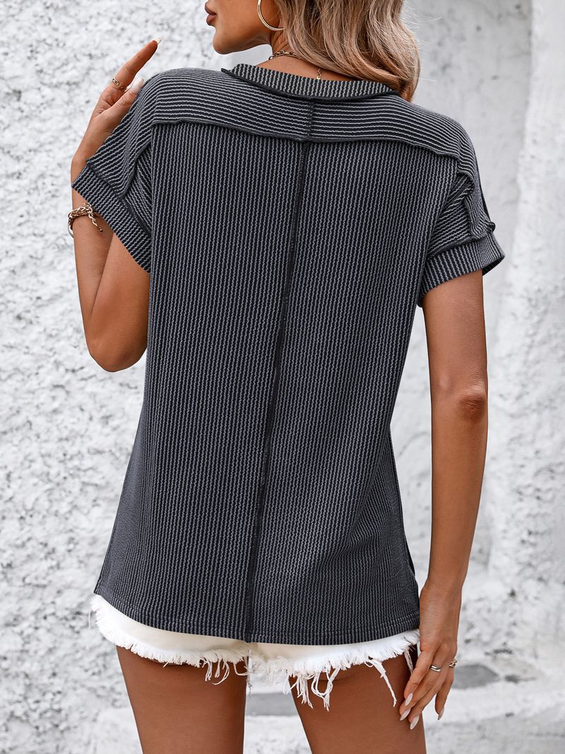 T-shirt da donna a maniche corte con scollo rotondo e vestibilità ampia, con motivo a righe intrecciate e cuciture a vista - Tessuto in maglia di misto cotone traspirante per abbigliamento casual da strada_voghion.com