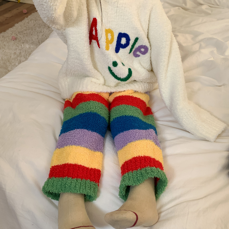 Children's Homewear Winter Boys And Girls Letter Rainbow Striped Pajamas Set Children's Soft Homewear_voghion.com